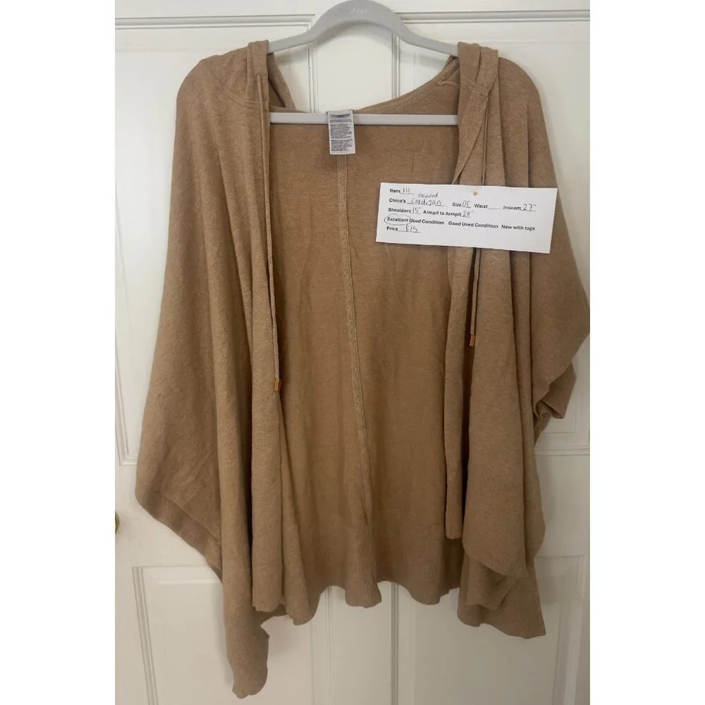Chico’s Camel Hooded Cardigan Wrap Poncho One Size Soft Knit - Picture 1 of 2
